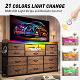 Dresser TV Stand with 11 Drawers for 60" TV Stand for Bedroom with LED Lights Power Outlets Long Dresser for Bedroom with Shelves