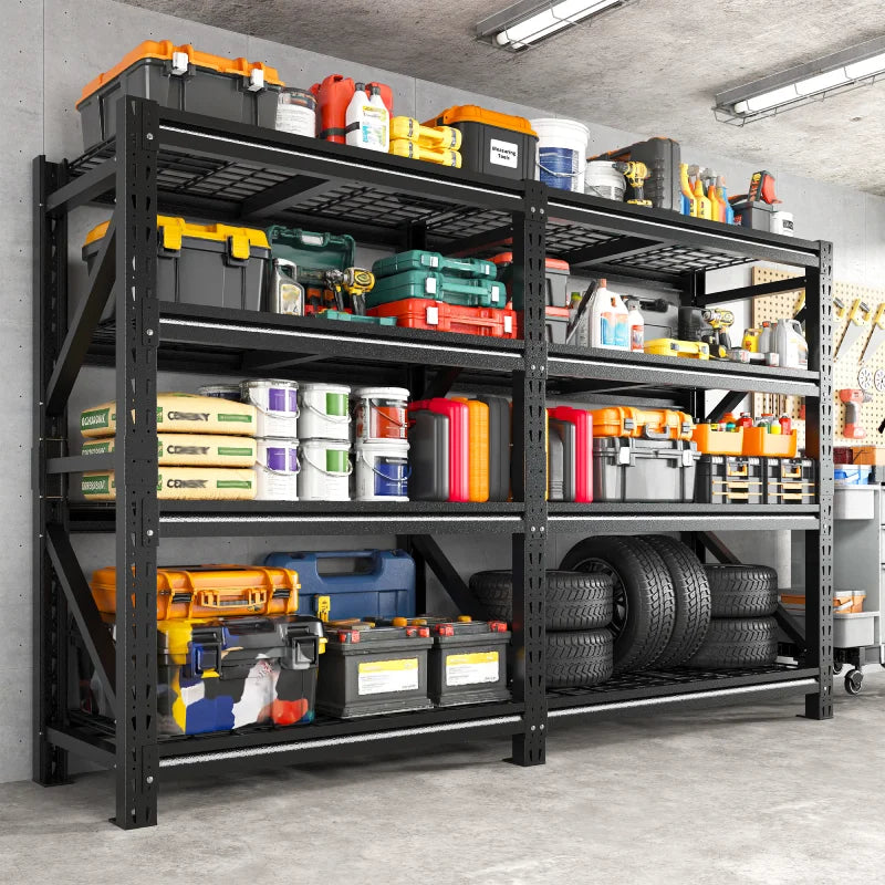 REIBII 86.6"W Heavy‑Duty 4‑Tier Industrial Metal Storage Shelving, 6400 LBS Total Load, Dense Grid Deck, Adjustable Shelves for Garage Warehouse Workshop