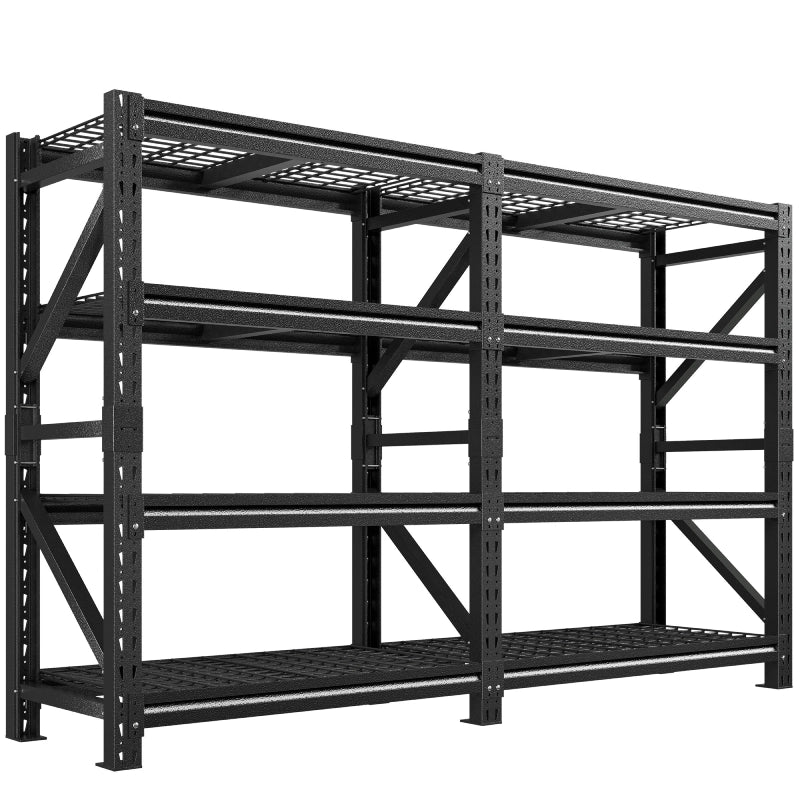 REIBII 86.6"W Heavy‑Duty 4‑Tier Industrial Metal Storage Shelving, 6400 LBS Total Load, Dense Grid Deck, Adjustable Shelves for Garage Warehouse Workshop