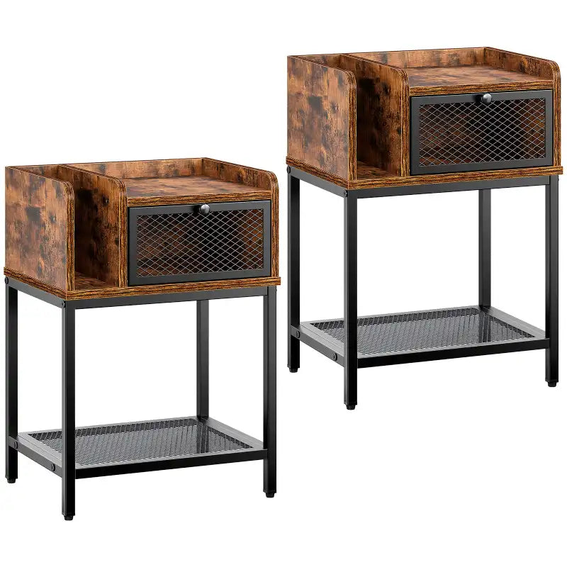 All-in-One Rustic Brown Bedside Table, a perfect combination of book stopper, drawer, and open shelving.