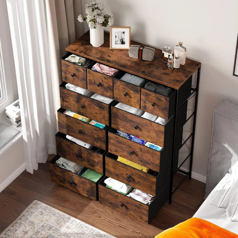 Product size diagram showing a freestanding dresser: model height 5'7", dimensions 40.7" wide, 43.8" tall, 11.9" depth, weight 44 lbs; includes drawer layouts in wood and black finishes.