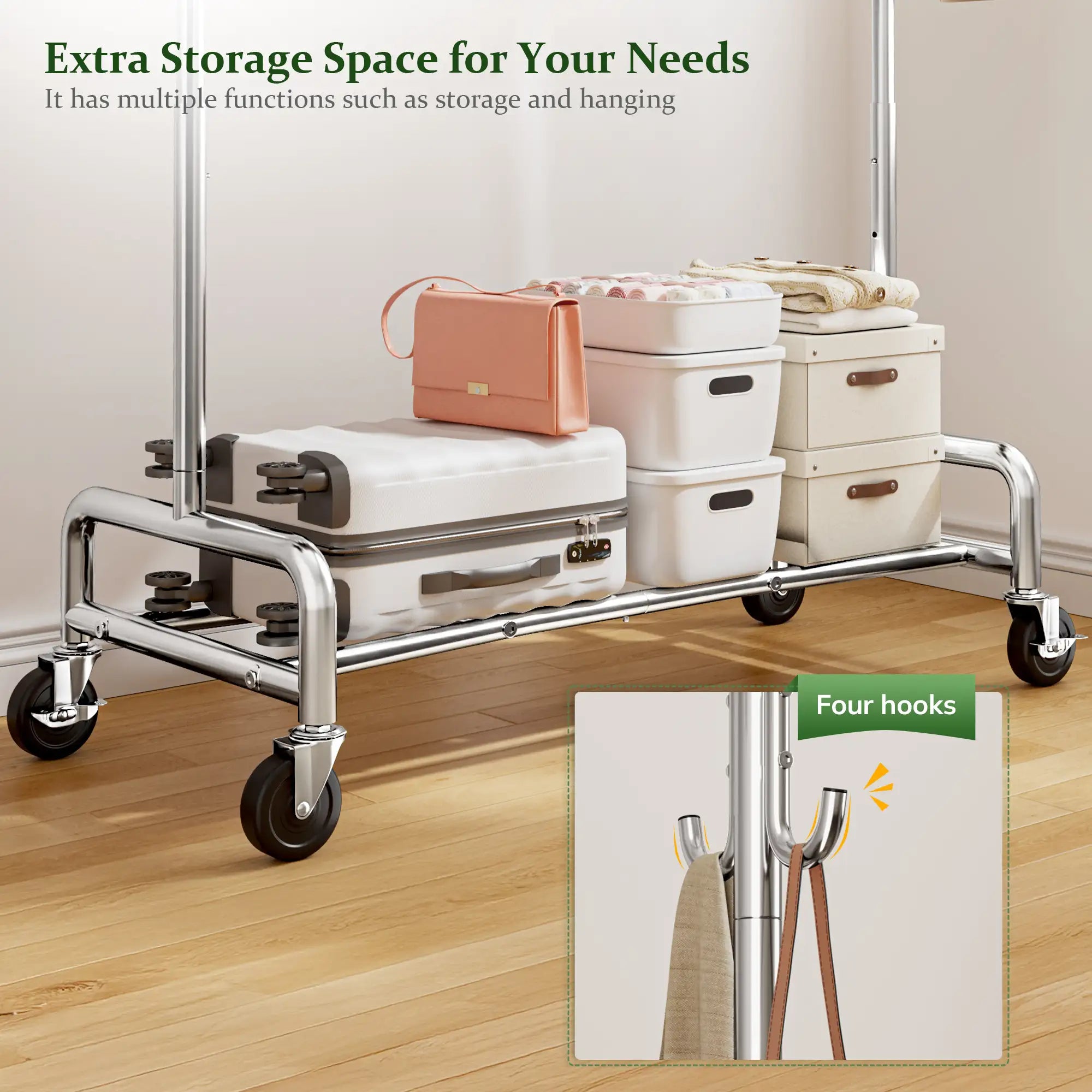 Raybee Heavy-Duty Rolling Clothes Rack, 75" Extra Wide 67"H Garment Rack with Shelf & 4 Side Hooks | 450LBS Capacity, Extendable Hanging Bar, 360° Lockable Casters, Side Hooks