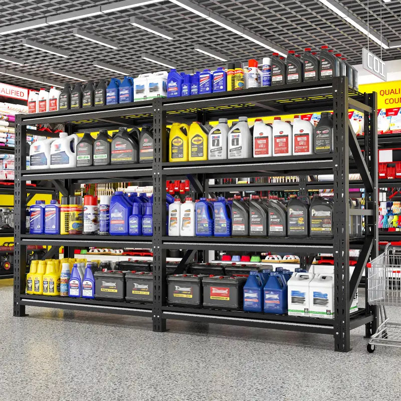REIBII 86.6"W Heavy‑Duty 4‑Tier Industrial Metal Storage Shelving, 6400 LBS Total Load, Dense Grid Deck, Adjustable Shelves for Garage Warehouse Workshop