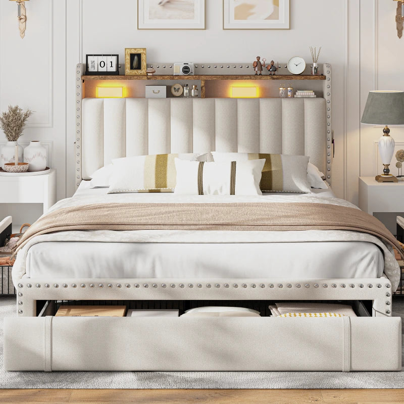 Reibii Upholstered Platform Bed Frame with 3 Storage Drawers & 2-Tier Storage Headboard, Heavy-Duty, Noise-Free, No Box Spring Needed