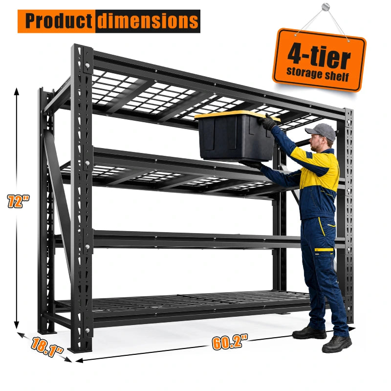 4-tier adjustable metal shelving unit with customizable shelf height, providing flexible storage solutions for garages, warehouses, and utility spaces.