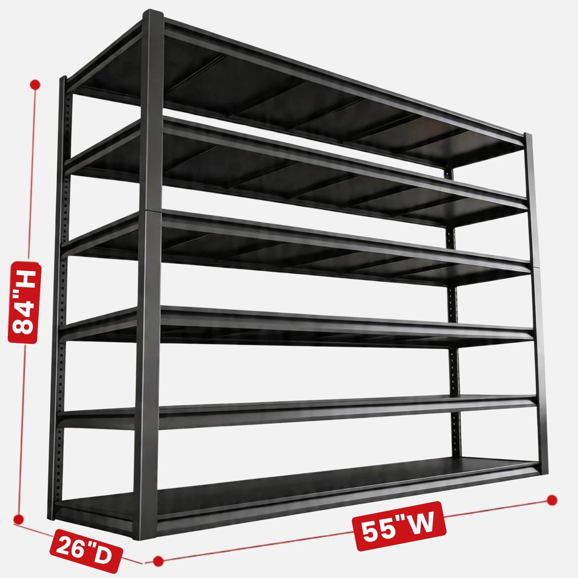 55 inch wide garage storage shelves maximize vertical space with deep tiers for storing large bins, tools, and household equipment.
