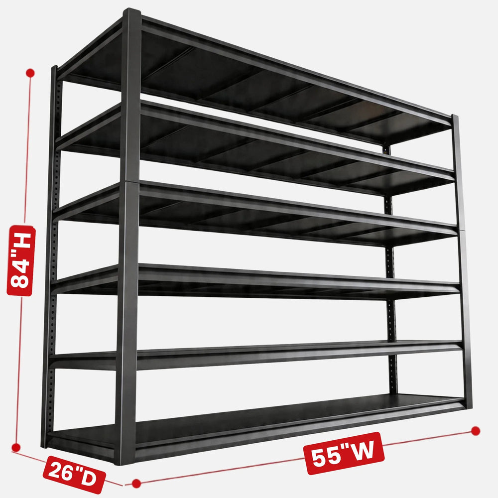 55 inch wide garage storage shelves maximize vertical space with deep tiers for storing large bins, tools, and household equipment.