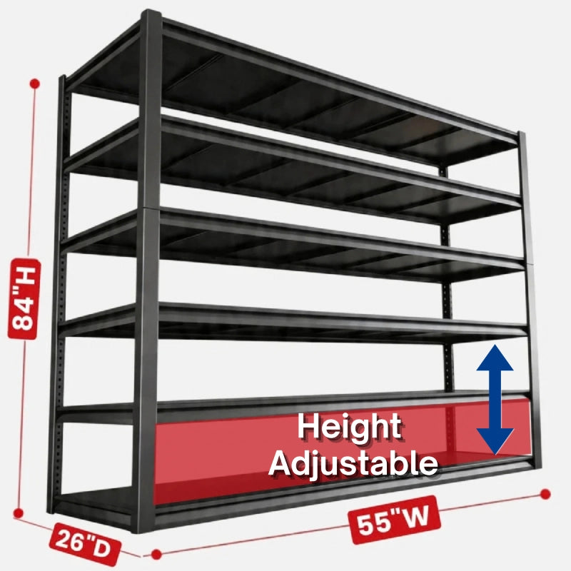 55 inch wide garage storage shelves maximize vertical space with deep tiers for storing large bins, tools, and household equipment.