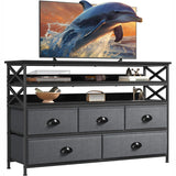 50" TV  Stand  Dresser for Bedroom with 5 Fabric Drawers and Wood Open Shelves for Living Room, Entryway, Closet