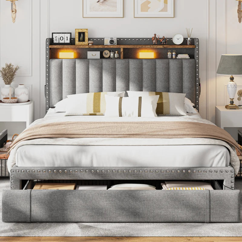Reibii Upholstered Platform Bed Frame with 3 Storage Drawers & 2-Tier Storage Headboard, Heavy-Duty, Noise-Free, No Box Spring Needed