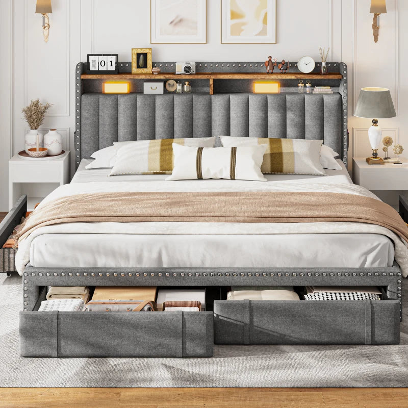 Reibii Upholstered Platform Bed Frame with 3 Storage Drawers & 2-Tier Storage Headboard, Heavy-Duty, Noise-Free, No Box Spring Needed