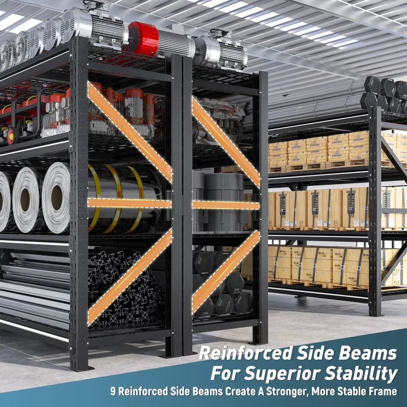 REIBII 86.6"W Heavy‑Duty 4‑Tier Industrial Metal Storage Shelving, 6400 LBS Total Load, Dense Grid Deck, Adjustable Shelves for Garage Warehouse Workshop