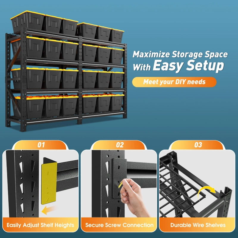 REIBII 86.6"W Heavy‑Duty 4‑Tier Industrial Metal Storage Shelving, 6400 LBS Total Load, Dense Grid Deck, Adjustable Shelves for Garage Warehouse Workshop