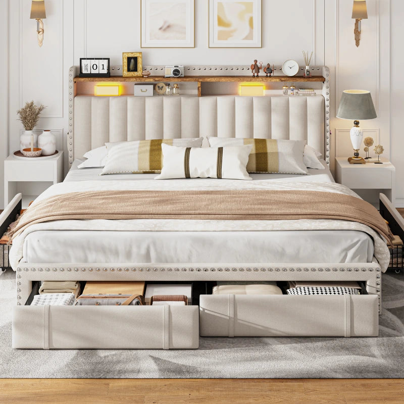 Reibii Upholstered Platform Bed Frame with 3 Storage Drawers & 2-Tier Storage Headboard, Heavy-Duty, Noise-Free, No Box Spring Needed