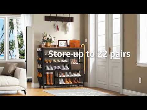 EnHomee Shoe Rack 6 Tier Metal Shoe Rack for Entryway Holds 24 Pairs, Wooden Top and Side Pocket for Entry, Entrance, Hallway, Black
