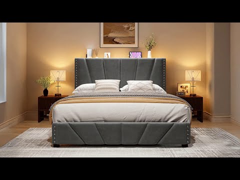 881LBS Metal Bed Frame, Velvet Headboard with Storage, Charging Station & LED Lights