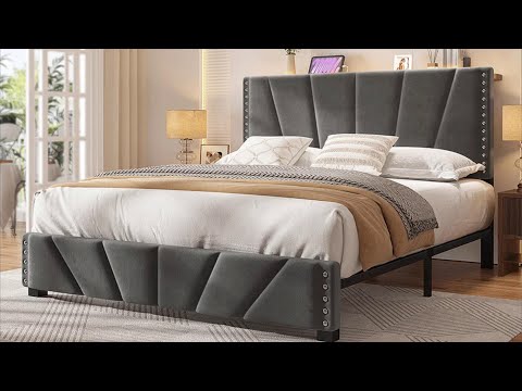 881LBS Metal Bed Frame, Velvet Headboard with Storage, Charging Station & LED Lights