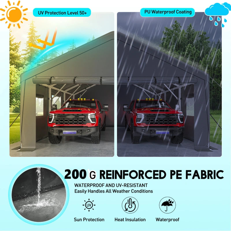 portable car garage tent REIBII 20x20 Metal Carport, Portable Garage Carport with Steel Frame for Sale, UV50+ Waterproof Canopy, 4 Windows,3 Roll-up Doors & Removable Sides