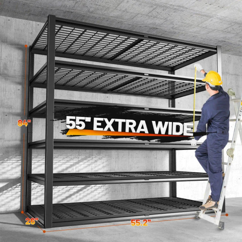 REIBII 55.2"W Heavy Duty Garage Shelving, Metal Storage Shelves With Adjustable Garage Storage Shelves for Basement, Warehouse, Utility Room