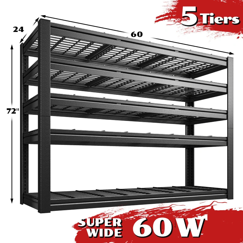 reibii 60 in W x 72 in H Garage Storage Shelves  5-Tier Adjustable Heavy Duty Shelving 3000 LBS Rust-Resistant Industrial Rack for Warehouse, Basement,Workshop
