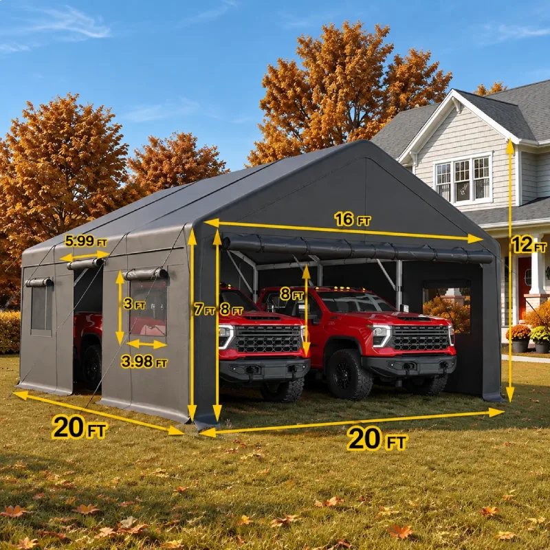 REIBII Heavy Duty 2 Car Carport, 20x20 FT Portable Garage Carport, All Weather Portable Garage Shelter,  Removable Sidewalls, Outdoor Storage & Party Tent