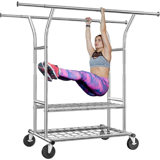 Raybee 74"W Heavy Duty Clothes Rack on Wheels, 630LBS Adjustable Double Rod Garment Rack, Chrome Metal Commercial Clothing Rack with Storage Shelves 800