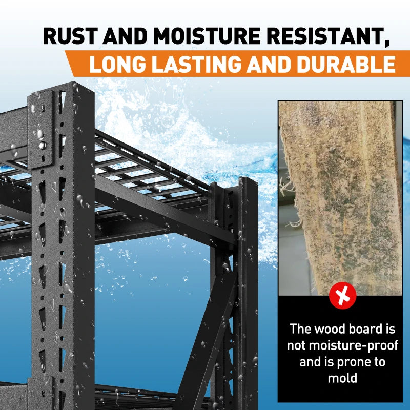 Unlike wooden shelves, our heavy-duty shelves are more  RUST AND MOISTURE RESISTANT,LONG LASTING AND DURABLE