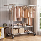 Raybee 74"W Heavy Duty Clothes Rack on Wheels, 630LBS Adjustable Double Rod Garment Rack, Chrome Metal Commercial Clothing Rack with Storage Shelves