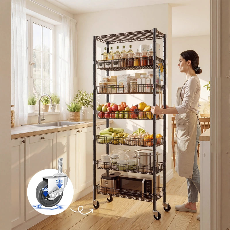 REIBII 7-Tier Rolling Wire Shelving Unit, 600LBS Adjustable Storage Rack with Deep Basket, Locking Wheels and Side Hooks, Tool-Free Assembly for Kitchen Pantry Closet