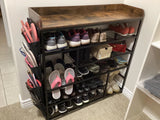 EnHomee Shoe Rack 6 Tier Metal Shoe Rack for Entryway Holds 24 Pairs, Wooden Top and Side Pocket for Entry, Entrance, Hallway, Black