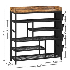 EnHomee Shoe Rack 6 Tier Metal Shoe Rack for Entryway Holds 24 Pairs, Wooden Top and Side Pocket for Entry, Entrance, Hallway, Black