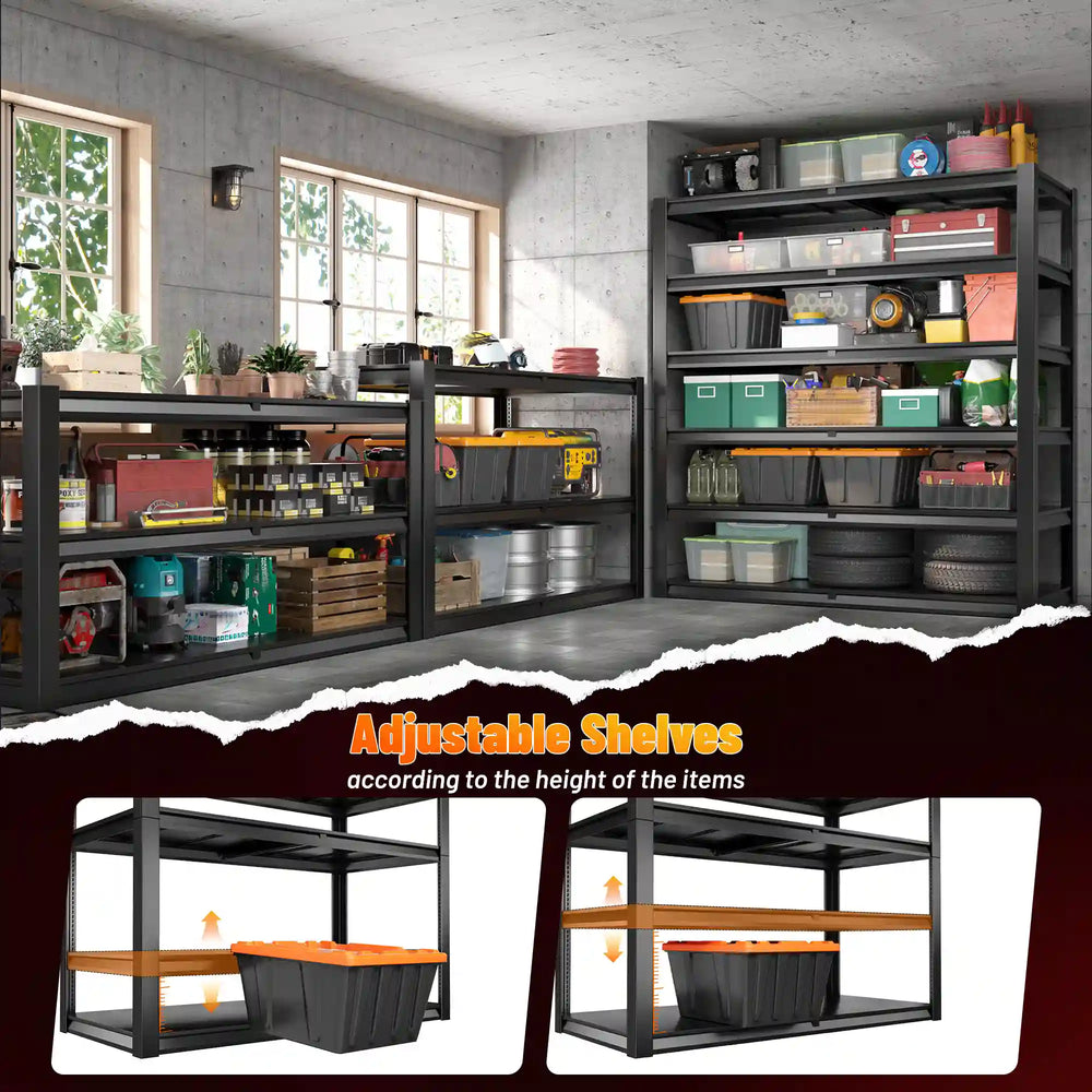Adjustable height garage shelving allows flexible shelf placement for storing items of different sizes and shapes.