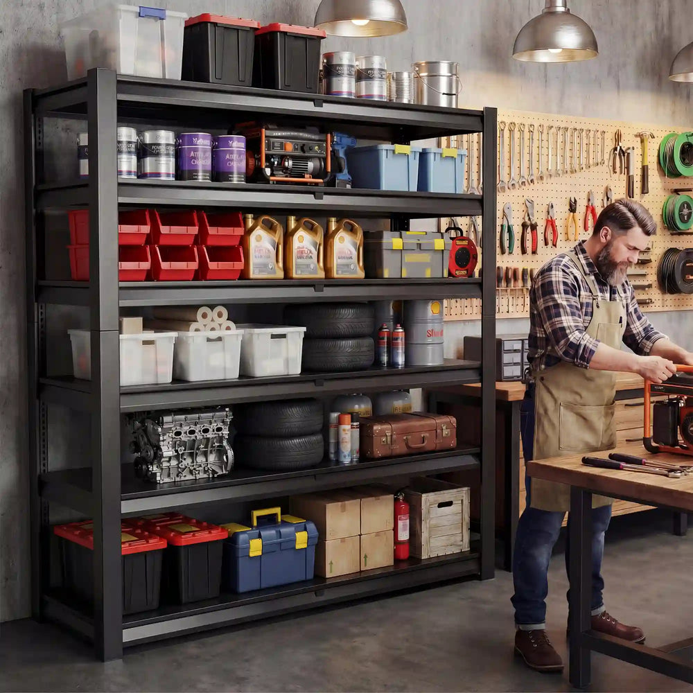 Metal garage shelves are ideal for organizing power tools, equipment, and bulky items in home garages.