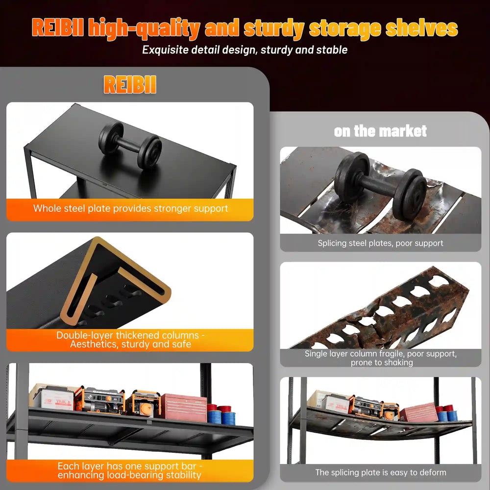Heavy duty garage shelving features an all steel plate design, reinforced double layer columns, and additional support bars for superior strength and load bearing stability.