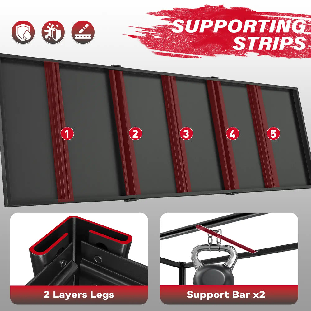 Industrial shelving unit with reinforced shelf beams provides extra support for storing heavy tools and equipment.