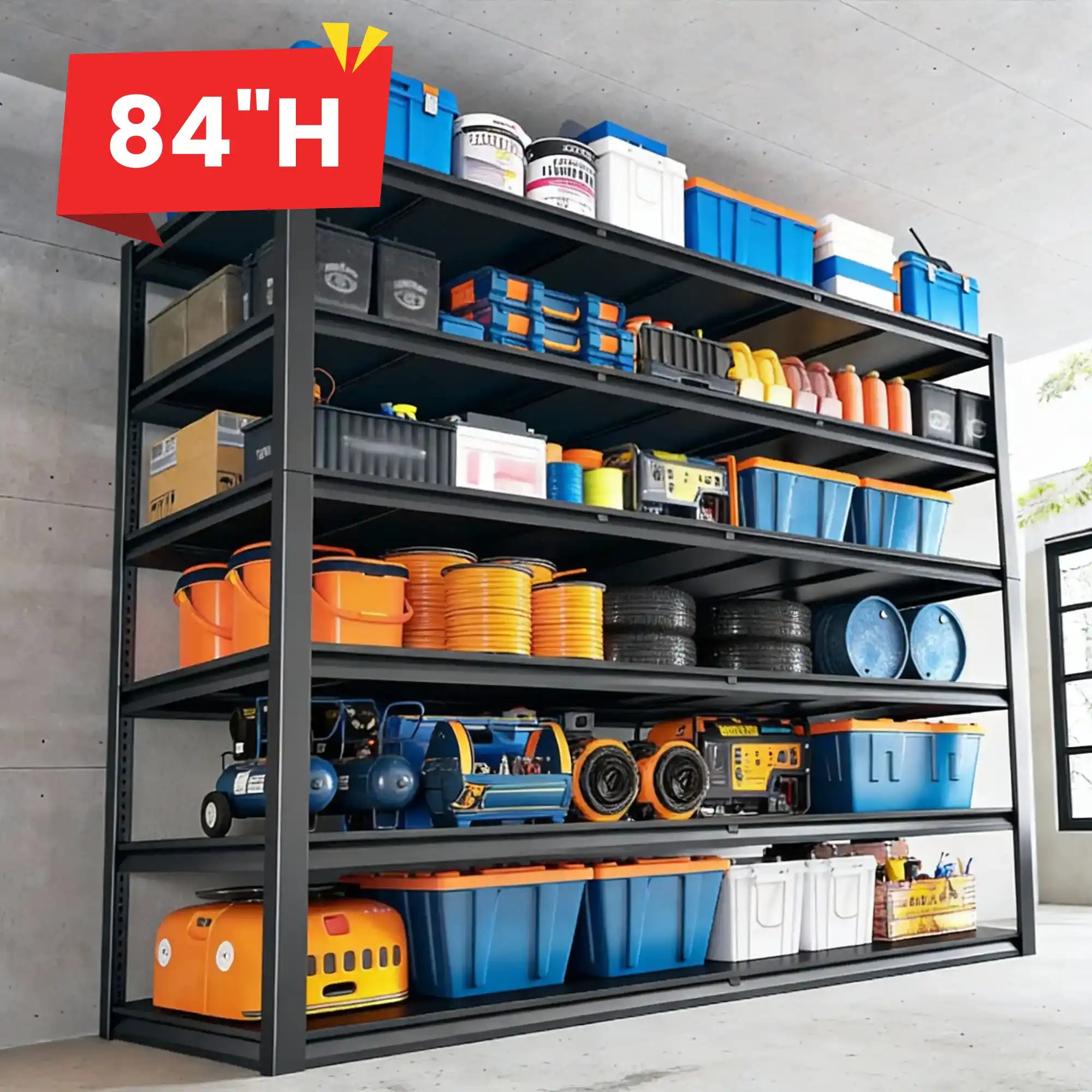REIBII 84"H 3600LBS Heavy Duty Industrial Garage Shelving,6-Tier Adjustable Storage Shelving Units For Basement&Warehouse