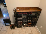 EnHomee Shoe Rack 6 Tier Metal Shoe Rack for Entryway Holds 24 Pairs, Wooden Top and Side Pocket for Entry, Entrance, Hallway, Black