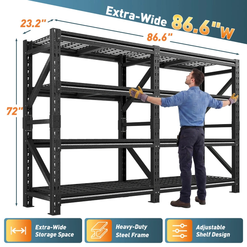 REIBII 86.6"W Heavy‑Duty 4‑Tier Industrial Metal Storage Shelving, 6400 LBS Total Load, Dense Grid Deck, Adjustable Shelves for Garage Warehouse Workshop