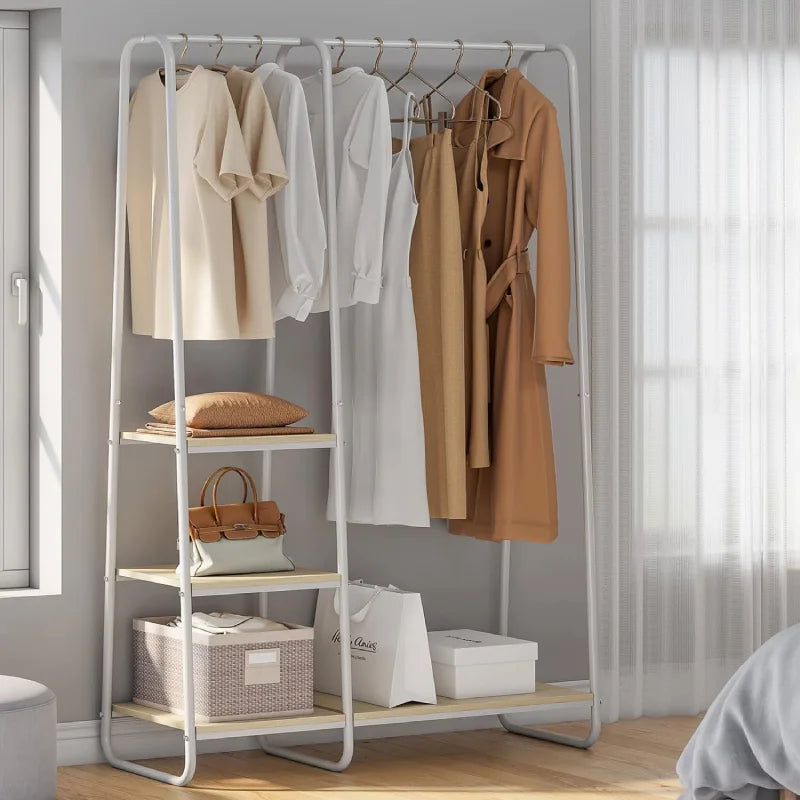 Raybee white clothing hanger racks with shelves