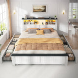 Reibii 900lbs Platform Bed Frame with Storage Headboard & 4 Drawers, LED Lighting with USB Charging