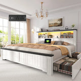 Reibii 900lbs Platform Bed Frame with Storage Headboard & 4 Drawers, LED Lighting with USB Charging