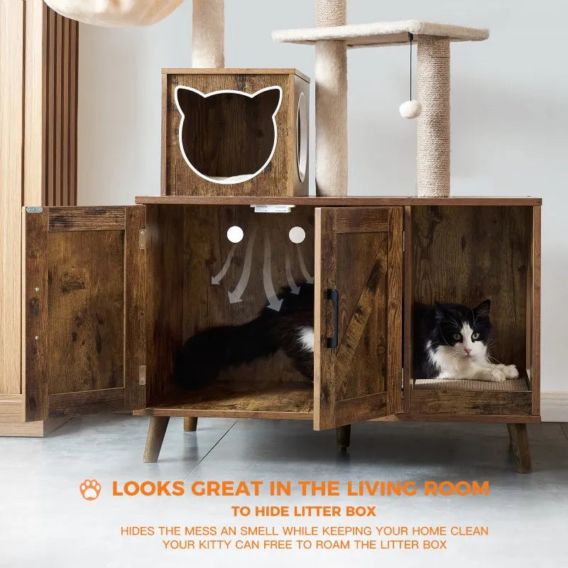 EnHomee Cat Tree Tower for Large Cats Climbing, Cat Condo with Litter Box Enclosure, Cute & Modern