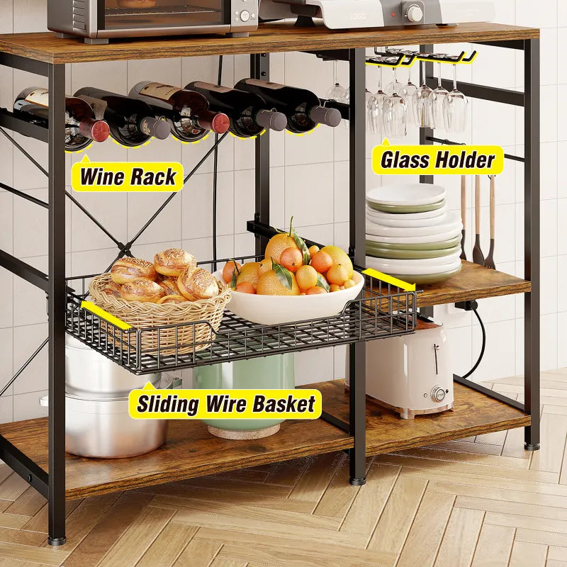 the microwave stand with storage includes one vertical wire rack, one pull-out wire basket, five bottle wine rack, two glass cup rail for additional storage options.