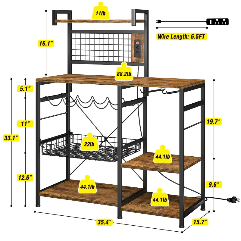 The size of this bakers rack with power outlet is 11.9" D x 34.7" W x 52.4" H, and the total load capacity is 300lbs.