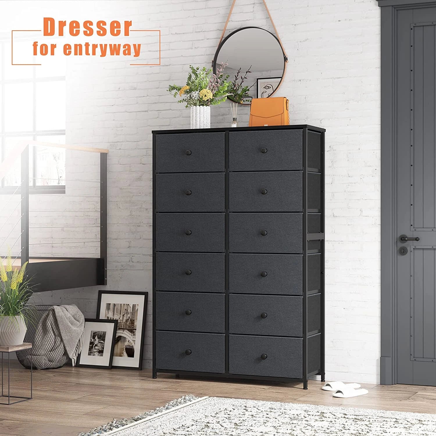 Enhomee dark grey dresser with 12 drawers  for entryway