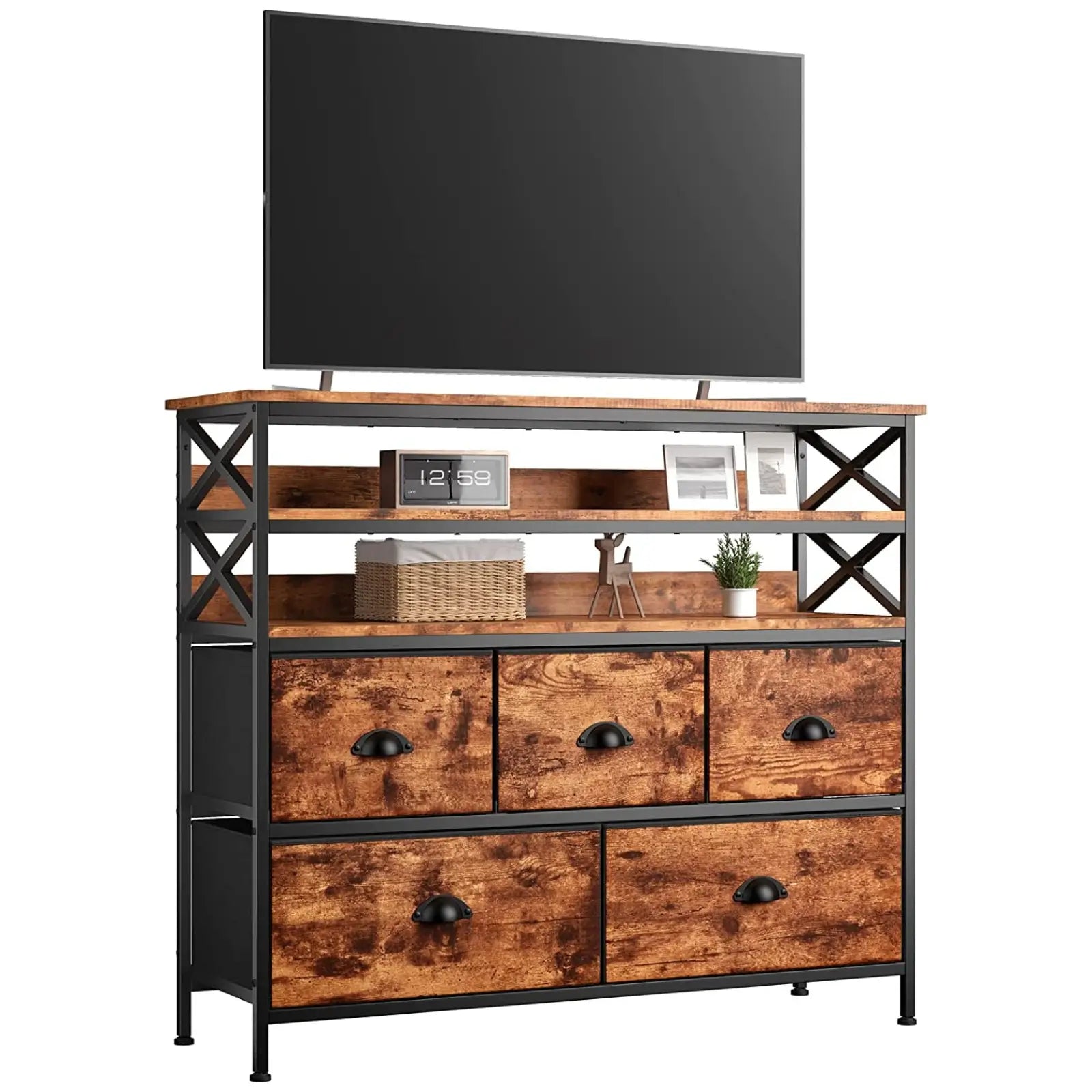 Enhomee TV Stand Dresser, Entertainment Center With 5 Fabric Drawers