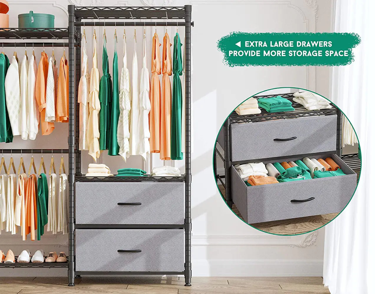 REIBII wire clothing rack heavy duty comes with 2 large drawers for  more storage spaces