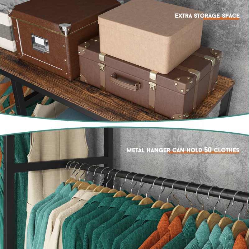 REIBII free standing clothing rack designs with wooden shelves for extra storage space 
