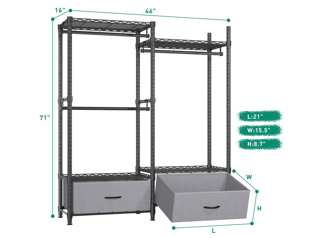 REIBII Clothes Rack With Drawers, Freestanding & Portable Closet Garme ...