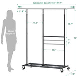 Raybee 45.3"-69.1"L x 17.8"W x 72"H metal clothes rack with wheels